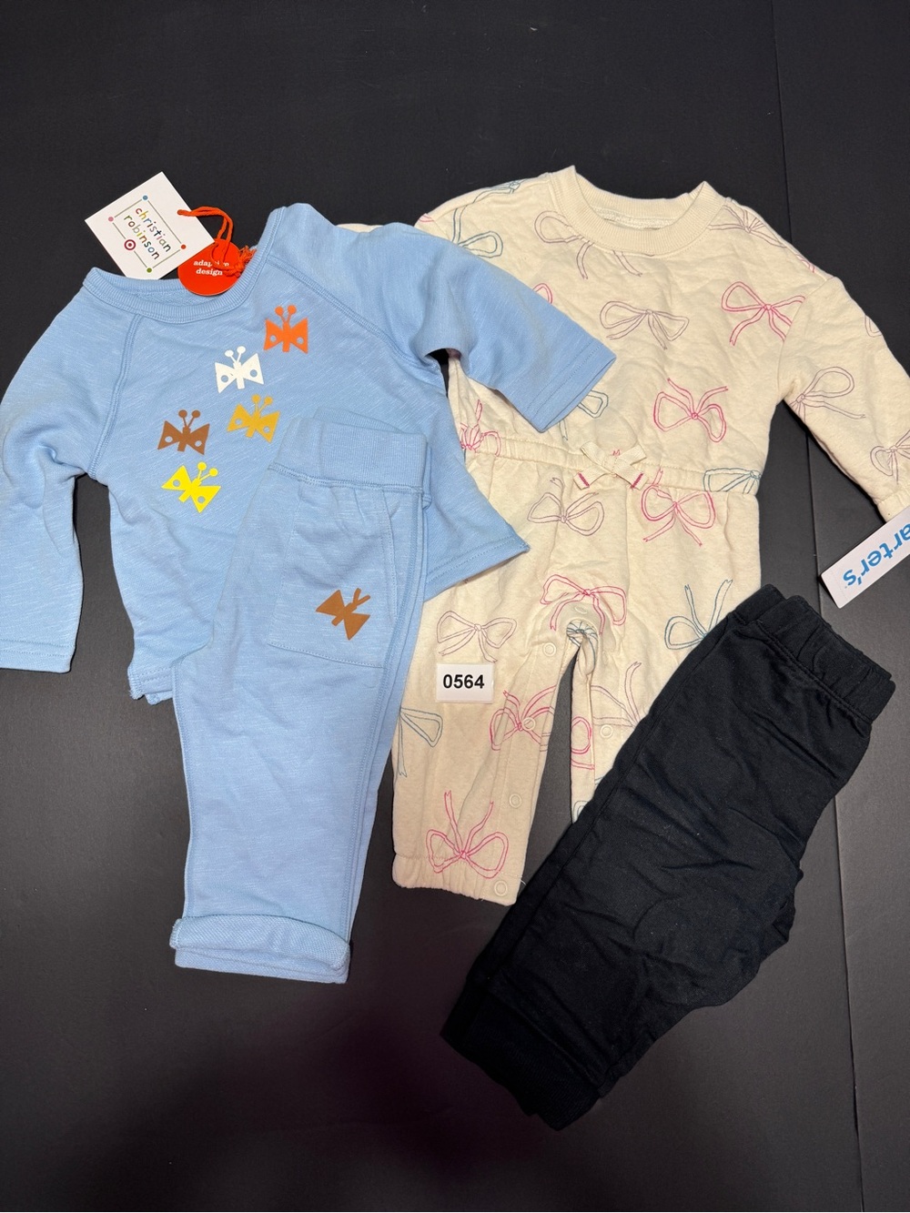 Baby Blue Two-Piece Set with Butterfly Motif, Quilt style Onsie and Black Pant